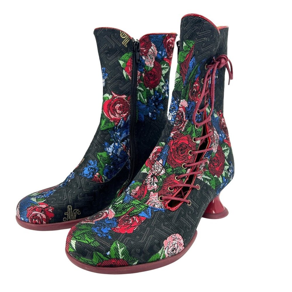 John Fluevog Womens Laceup Floral Boots Size 8.5 Fabric Unique Heel